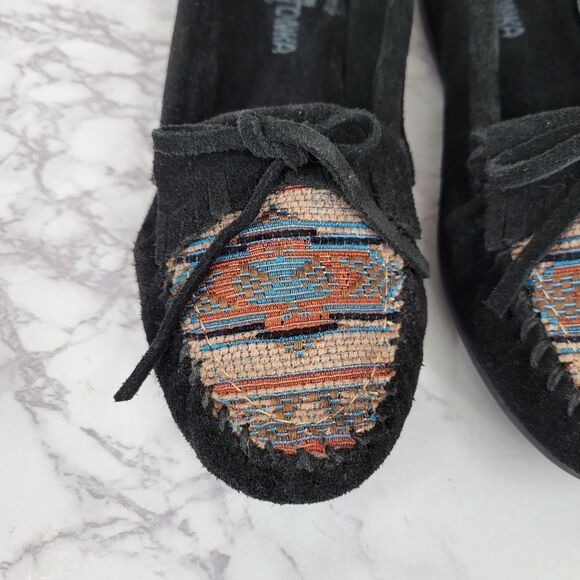 Minnetonka El Paso II Suede MOC Black Moccasins Aztec Patten Women's 7.5 - Picture 3 of 11